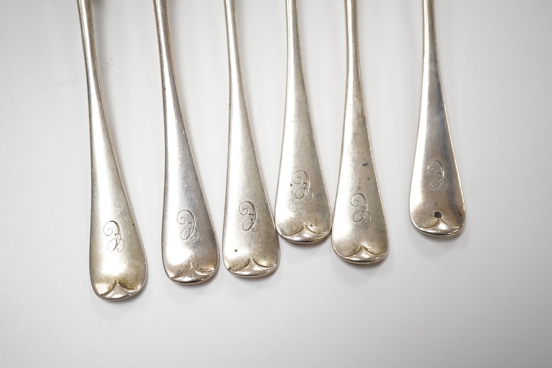 A set of six late Victorian silver Hanoverian pattern dessert forks, Daniel & John Welby, London, 1895, 17.3cm, 9.2oz.